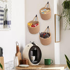 Fabric Wall Hanging Baskets - 3Pack Woven Pouchs Boho Style Wall Mounted Bag with Adhesive Hooks, Storage Organizers and Decoration Pocket Caddy Bins on Door Rack (Linen & Black, Large)