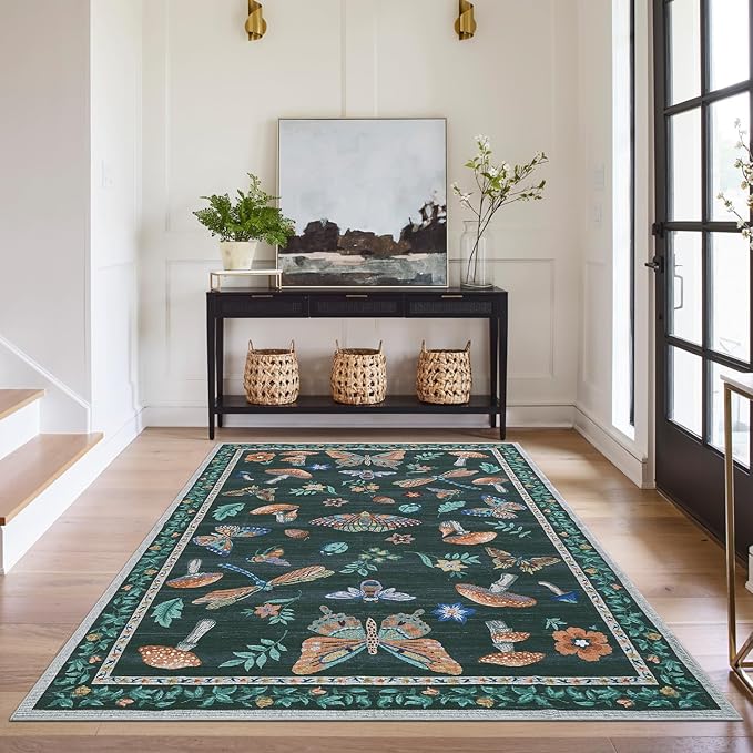 Mushroom 3x5 Rug Washable Non-Slip Small Indoor Rugs for Entryway with Rubber Back Soft Low-Pile Stain Resistant Foldable Carpet for Kitchen Bedroom Living Room Mat Black