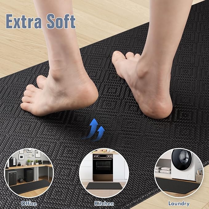 Mattitude Kitchen Mat 2PCS Kitchen Rugs Cushioned Anti-Fatigue Rug Waterproof Standing Desk Mat Kitchen Mats for Floor Kitchen Rug Set for Kitchen, Sink, Office 17.3"×30"+17.3"×59" Black