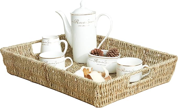 16.93 inch Rectangular Wicker Tray, Hand-Woven Rattan Serving Trays with Handles for Snack Drinks Coffee Table Tray, Seagrass 1Pack