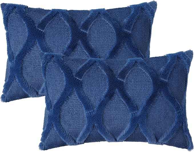 decorUhome Spring Throw Pillow Covers 12x20 Inch Set of 2, Soft Plush Faux Fur Wool Lumbar Dark Blue Accent Couch Pillow Covers for Modern Farmhouse Bed Sofa Living Room