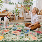 Area Rug Living Room Rugs: Floral 5x7 Washable Rug Vintage Soft Boho Non-Slip Carpet Indoor Stain Resistant Large Carpets for Bedroom Dining Room Farmhouse Nursery Hallway Home Office Green