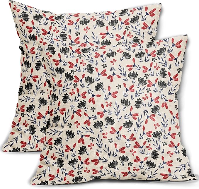 4th of July Floral Pillow Covers 20x20 Set of 2 Vintage Rustic Old Style Navy Blue Red Black Flower Print Decorative Outdoor Pillowcases Patriotic Throw Cushion Case Decor for Couch Sofa Bed