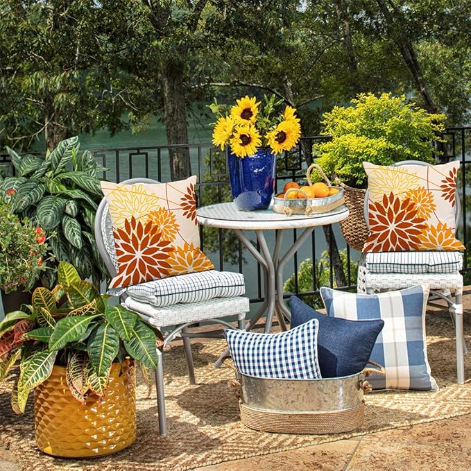 Brown Yellow Fall Pillow Cover 20X20 Inch Set of 2 Outdoor Waterproof Floral Brown Decorative Pillowcase Decor for Couch Patio Funiture Garden Print Polyester Cushion Cover 01M20