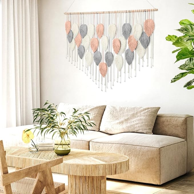Alynsehom Large Macrame Wall Hanging, Boho Woven Tapestry, Chic Modern Bohemian Handmade Leaf Feather Wall Art Home Decor for Apartment Dorm Living Room Bedroom Nursery Backdrop (51.5" W X 33.5" L)