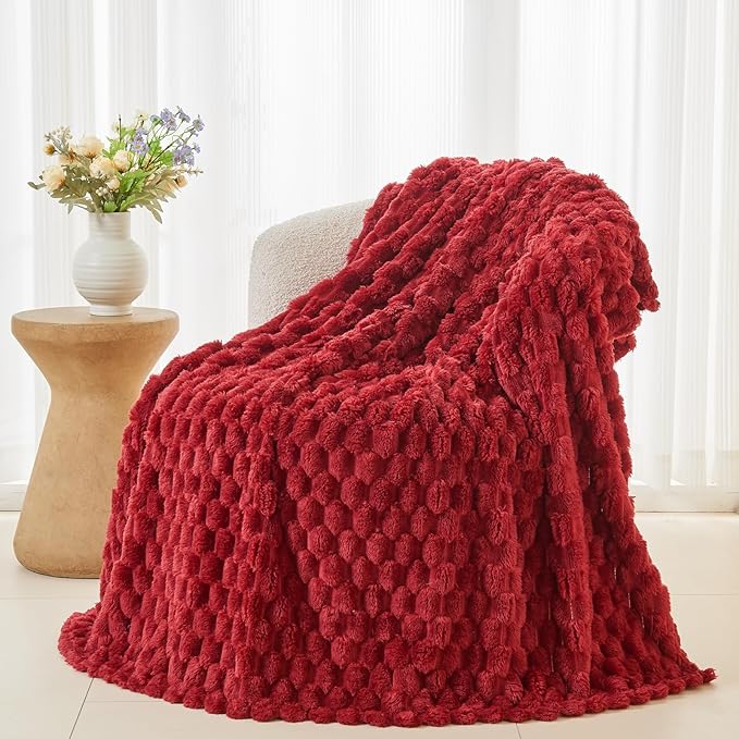 NEWCOSPLAY Super Soft Twin Blanket Red Premium Silky Flannel Fleece 3D Clouds Stylish Jacquard Lightweight Bed Blanket All Season Use 350GSM (Red, Twin(60"x80"))