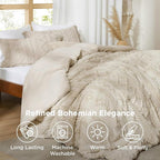 Bedsure Tufted Boho Comforter Set Oversized Queen - Beige Boho Bed Set, GentleSoft™ 3 Pieces Farmhouse Shabby Chic Embroidery Bedding, Gifts for Woman, Soft Jacquard Comforter for All Seasons