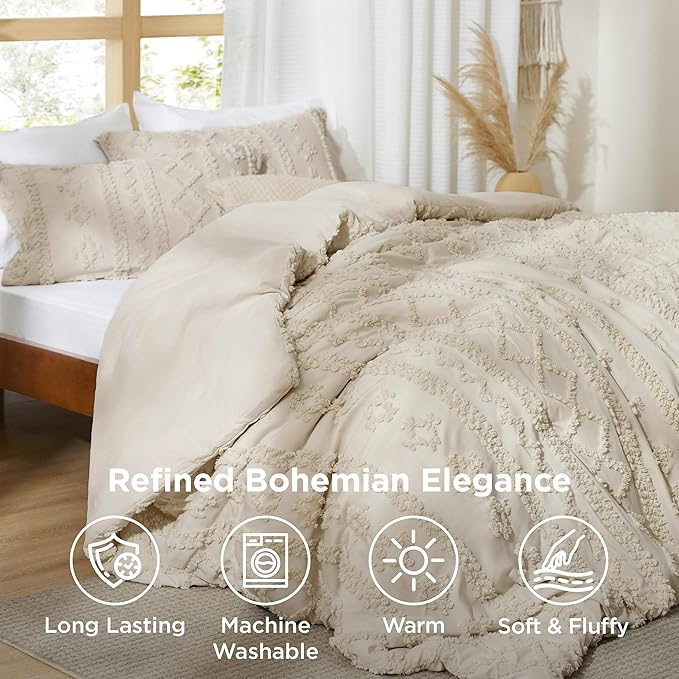 Bedsure Tufted Boho Comforter Set Oversized King - Beige Boho Bed Set, GentleSoft™ 3 Pieces Farmhouse Shabby Chic Embroidery Bedding, Gifts for Woman, Soft Jacquard Comforter for All Seasons