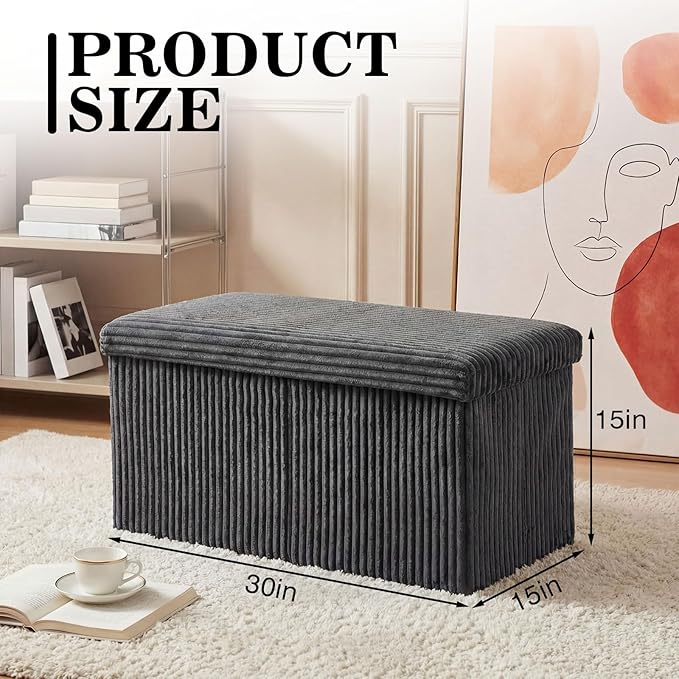 30'' Pouf Ottoman for Couch with Storage Plush Corduroy Ottoman Sectional Couch Large Foldable Gray Foot Stools for Living Room Plush Corduroy