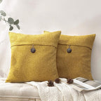 Phantoscope Pack of 2 Farmhouse Throw Pillow Covers Button Vintage Linen Solid Decorative Pillow Cover for Couch Bed and Chair Dark Yellow 18 x 18 inches 45 x 45 cm