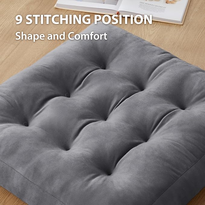 Meditation Floor Pillow Set of 2, Square Large Pillows Seating for Adults, Meditation Cushion Pillow,Tufted Corduroy Cushion for Tatami Living Room or Yoga, Dark Gray, 22x22 Inch