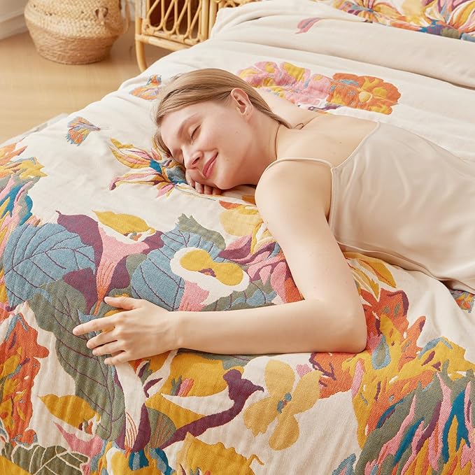 King Throw Blanket for Bed 100% Cotton Boho Soft Rustic Quilt Butterfly and Floral Double Embroidery Breathable Spring Bed Blanket,90"x108" All Season Blankets for Bedding Couch Home Decor