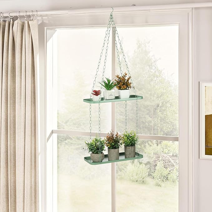 Shinehola Hanging Planters for Indoor Outdoor Plants (Length - 15.5"), Plant Hanger Indoor | Large Metal Hanging Plant Holder, 2-Tier Hanging Planter Shelf, No Plant/Pot Included (Green, 2-Tier)