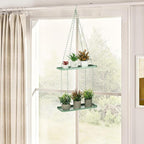 Shinehola Hanging Planters for Indoor Outdoor Plants (Length - 15.5"), Plant Hanger Indoor | Large Metal Hanging Plant Holder, 2-Tier Hanging Planter Shelf, No Plant/Pot Included (Green, 2-Tier)