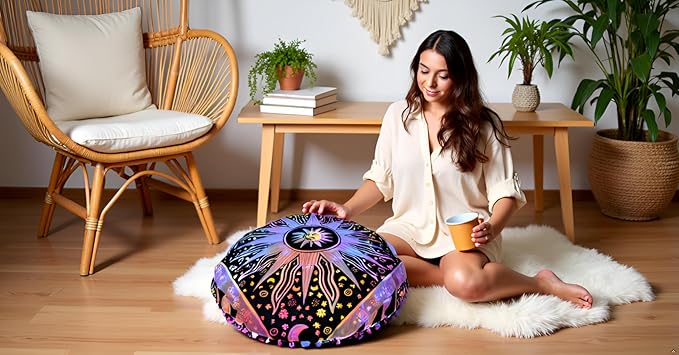 CRAFT KALA Large Round Bohemian Floor Pillow Pouf Cover Mandala Meditation Room Pillow Cover for Adults Boho Seating Poufs Cushion Cover for Kids Playroom 32" Round Multi Purple Burning Sun