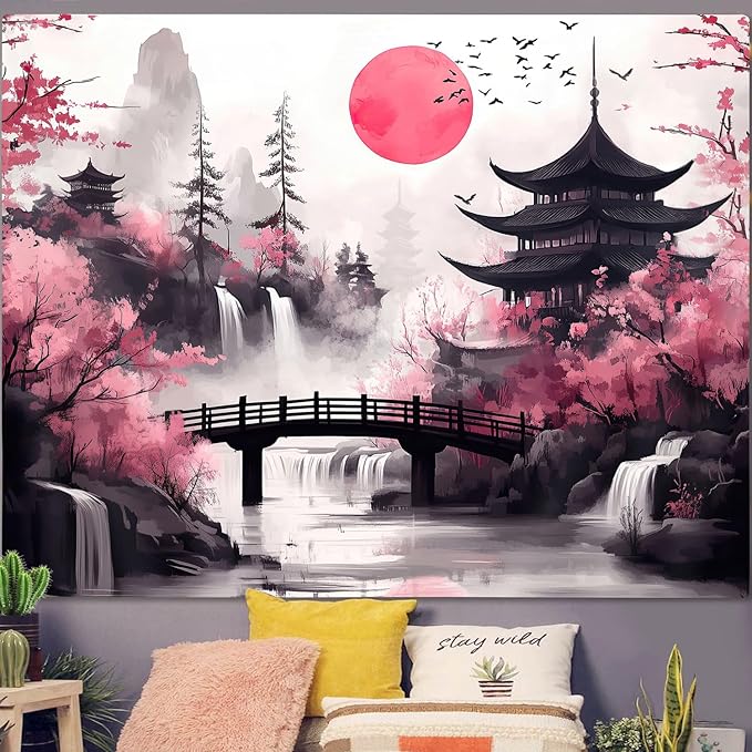 Japanese Anime tapestry, Cool Japan Cherry Blossom Floral Mountain Waterfall Sun Asian Oriental Abstract Ink Art tapestry, Black Pink Nature Landscape Tapestries for Living Room College Dorm, 40X30IN