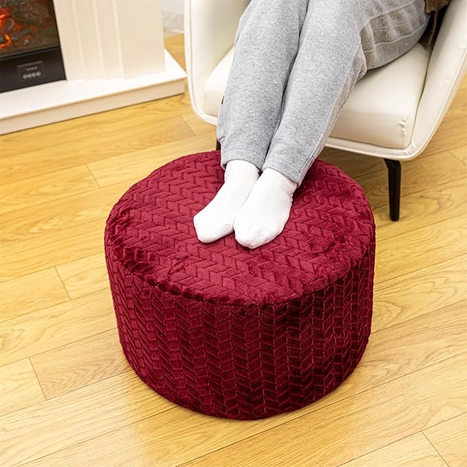Stuffed Pouf Ottoman High Density Foam Ottoman Pouf for Living Room Bedroom Floor Storage Pouf Footstools Round Foot Rest Stool 20"x20"x12" with Foam Filler (Wine Red)