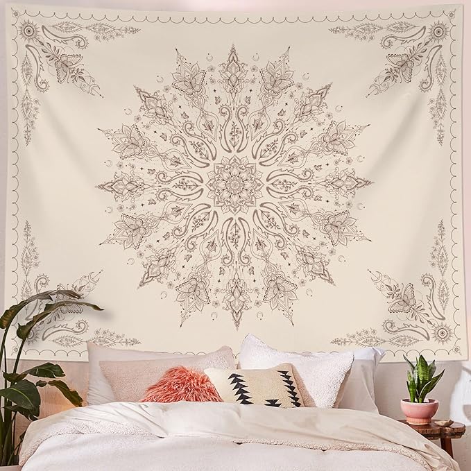 Accnicc Boho Floral Mandala Tapestry for Bedroom Bohemian Butterfly Flower Tapestry Aesthetic Wall Art Large Beige Hippie Indian Tapestries Wall Hanging for Living Room Dorm Decor 80 x 60 Inch
