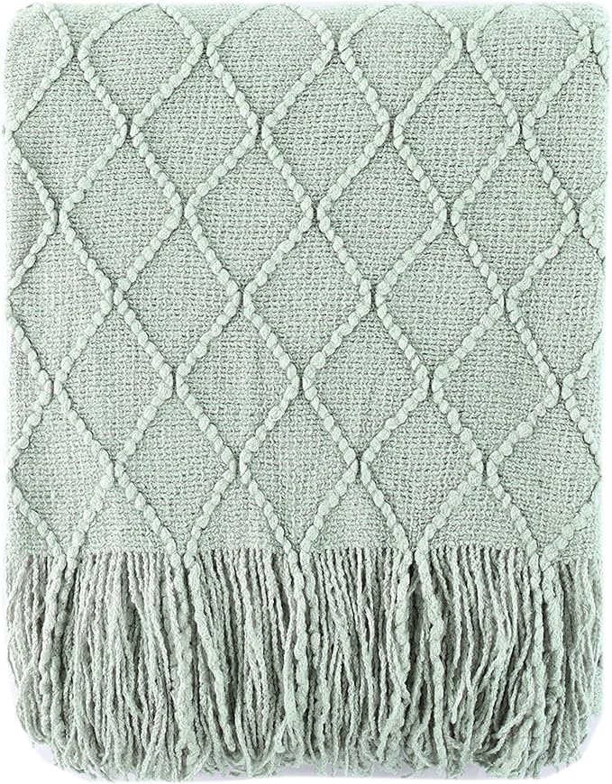 BATTILO HOME Sage Green Throw Blanket for Couch, Boho Bed Throws Blanket, Spring Decorative Light Blue Throw Blanket for Sofa Living Room, 52"x80"