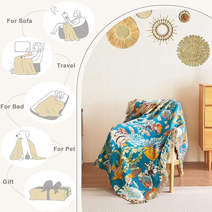 Throw Blanket for Bed 100% Cotton Blankets for Bedroom Living Room Spring Twin All Season Underwater Ocean Life Embroidery Reversible Breathable Quilt for Couch Sofa Coastal Home Decor 60"x80"