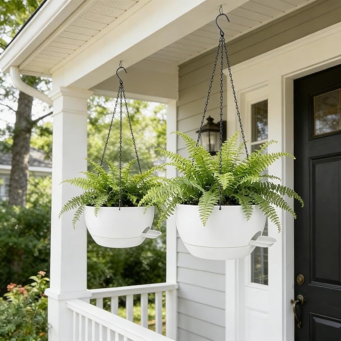 2 Pack Hanging Planters for Indoor Outdoor Plants, 12Inch Self Watering Hanging Pot with Drainage Holes and Saucer, Plastic Plant Pots, White Flower Pots for Kitchen, Balcony, Garden