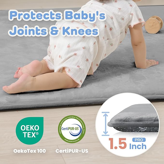 1.5" Super Thick Baby Play Mat for Floor, 79x118 Pro Soft Flannel Foam Mats for Toddler Infant Kids Crawling for Nursery Rug Playroom Living Room Waterproof Easy Care Non-Slip (Dark Grey)