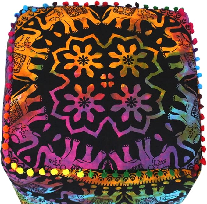CRAFT KALA Square Mandala Floor Pillow Cushion Cover Seating Throw Cover Hippie Decorative Bohemian Ottoman Poufs Cover Pillow Cases Cotton Living Room Home Décor 18X18X14 inch, Multi U.p Elephant
