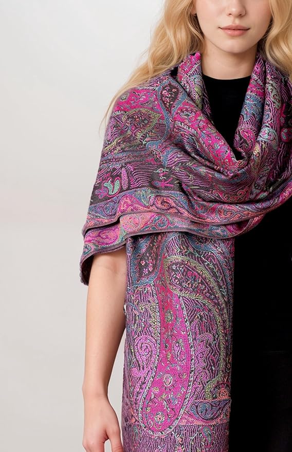 Achillea Reversible Paisley Pashmina Rave Scarf – Exotic Indian Shawls and Wraps for Evening Dresses, Festivals, All Seasons