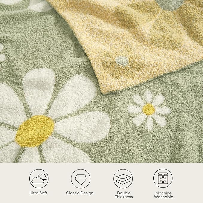 Snuggle Sac Spring Flower Throw Blanket for Couch, Fuzzy Microfiber Warm Winter Floral Blankets, Cute Throws for Girls Daughter Gifts, Flower Sage Green, 50x60 inches