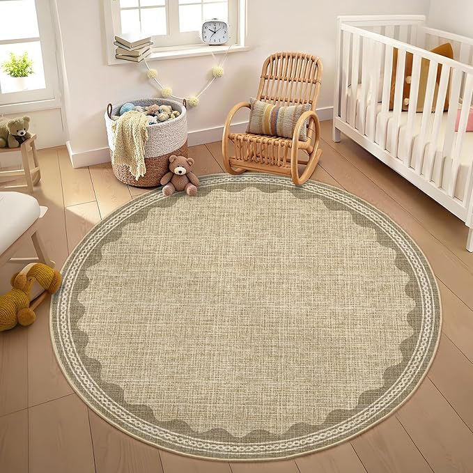 Scalloped Jute Print 4 ft Round Rug Washable Non-Slip Soft Ultra-Thin Small Circle Modern Cottage Core Solid Tan Carpet for Entryway Kitchen Bedroom Nursery Dining Room Tan