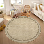 Scalloped Jute Print 4 ft Round Rug Washable Non-Slip Soft Ultra-Thin Small Circle Modern Cottage Core Solid Tan Carpet for Entryway Kitchen Bedroom Nursery Dining Room Tan