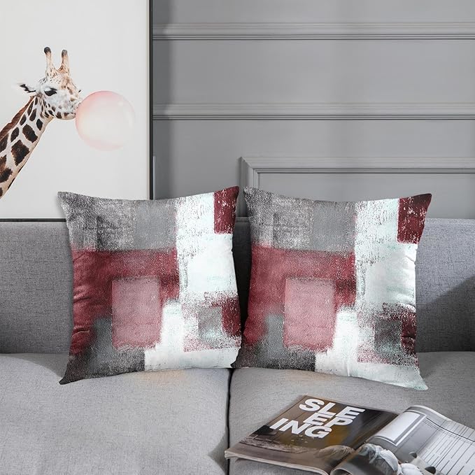 Emvency Set of 2 Burgundy Red Painting Throw Pillow Covers Contemporary Line Abstract Modern Design Retro Decorative Pillow Case Home Decor Standard Square 18x18 Inch Cushion Pillowcase