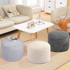Round Stuffed Pouf Ottoman Foot Rest for Couch Round Ottoman with Foam Chunk Filling Stripe Faux Fur Ottomans for Living Room Floor (26"x18",Light Grey)