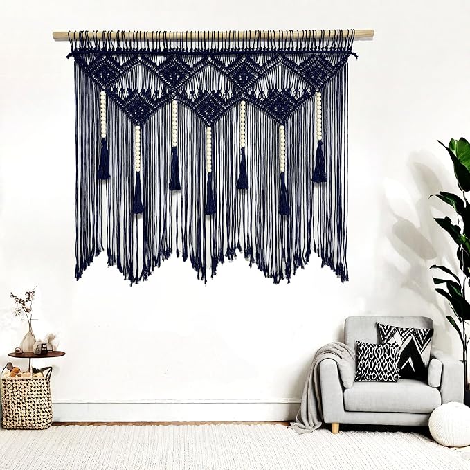 Youngeast Large Macrame Wall Hanging Boho Woven Tapestry Bohemian Macrame Wall Decor Handmade Tassel Tapestry Home Decoration for Bedroom Living Room 39"X31" (Wood Dowels Not Included) (Navy)