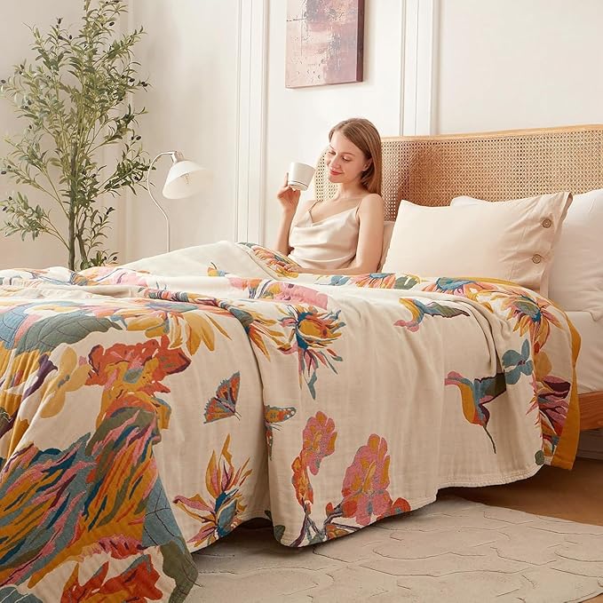 Boho Throw Blanket - 100% Cotton Soft Spring Throw Blanket for Bed, 50"x60" Reversible Breathable Lightweight Blankets, All Seasons Farmhouse Decor Floral Plant Butterfly Throw Quilt