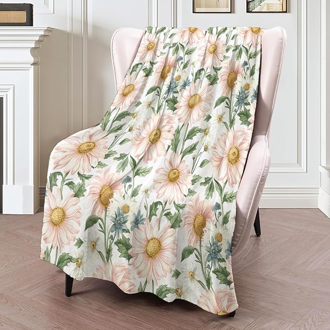 Daisy Floral Blanket 40×50 Inch,Vintage Pink Wildflower Lightweight Flannel Throw with Green Leaves on White,Spring Rustic Farmhouse Home Decor,Gifts for Girls,Women