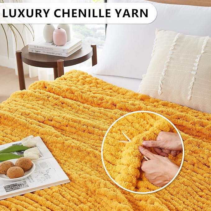L'AGRATY Chunky Knit Blanket Throw - Soft Throw Blanket 50x60: 100% Hand Knitted Chenile Crochet Throw for Home Decor - Mustard Yellow