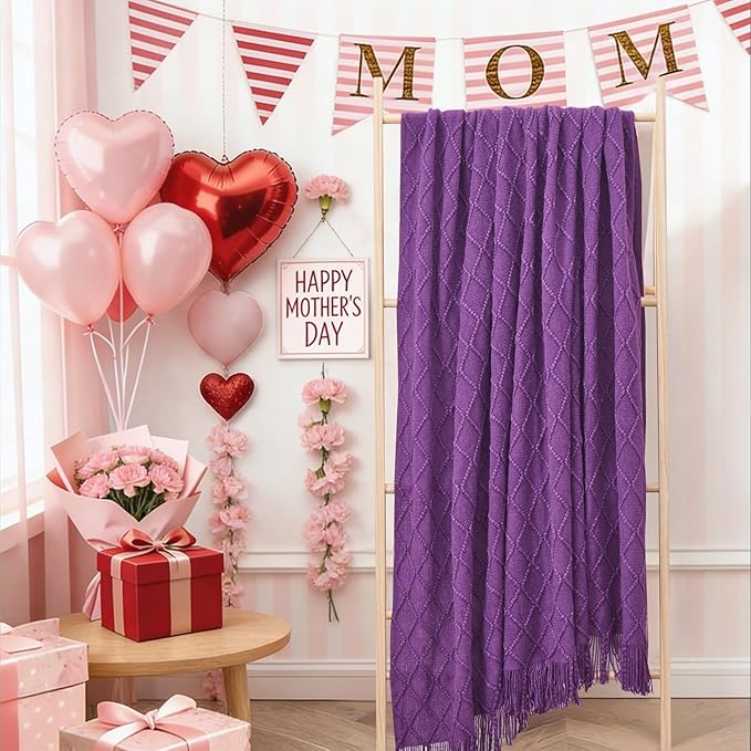 inhand Purple Knitted Throw Blanket for Couch Bed, Mothers Day/Mom Birthday Gifts for Mom from Daughter Son, Soft Lightweight with Tassels, Farmhouse Warm Decorative Blanket for Women, 50"x60"