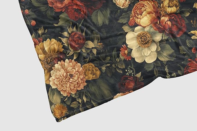 Black Floral Throw Blanket, Vintage Dark Flower Blanket for Bed Sofa Travel and Camping Flannel Blanket Gift, Super Soft Cozy Fluffy Plush Blanket for All Seasons, 50" x 60"