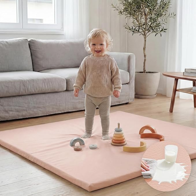 Baby Play Mat 50x50 Inches,1.3" Thick Padded Waterproof Floor Cushion & Playpen Mat with Vegan Leather,Non-Slip & Non-Toxic Nursery Rug for Infants, Toddlers & Kids(Pink)