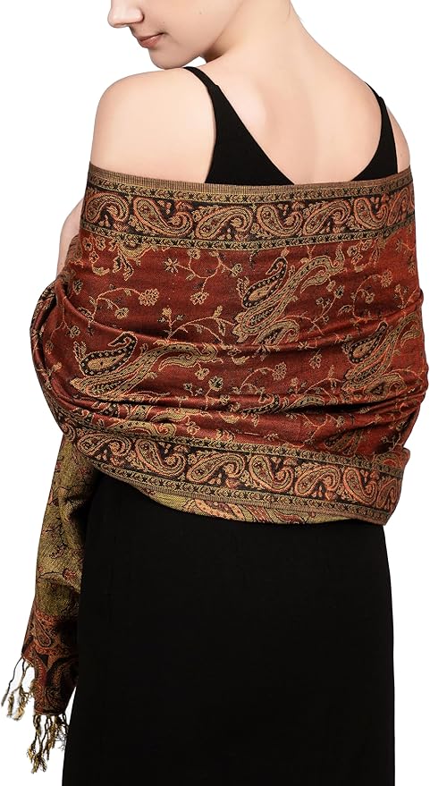 Achillea Reversible Paisley Pashmina Rave Scarf – Exotic Indian Shawls and Wraps for Evening Dresses, Festivals, All Seasons