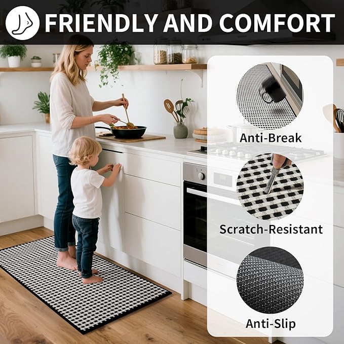 Long Kitchen Runner Rugs Kitchen Mat Non Slip Washable, Super Absorbent Soft Chenille Braided Kitchen Mats for Floor, Rubber Backing Kitchen Floor Sink Standing Mat, Easy Clean, Black 17"x71"