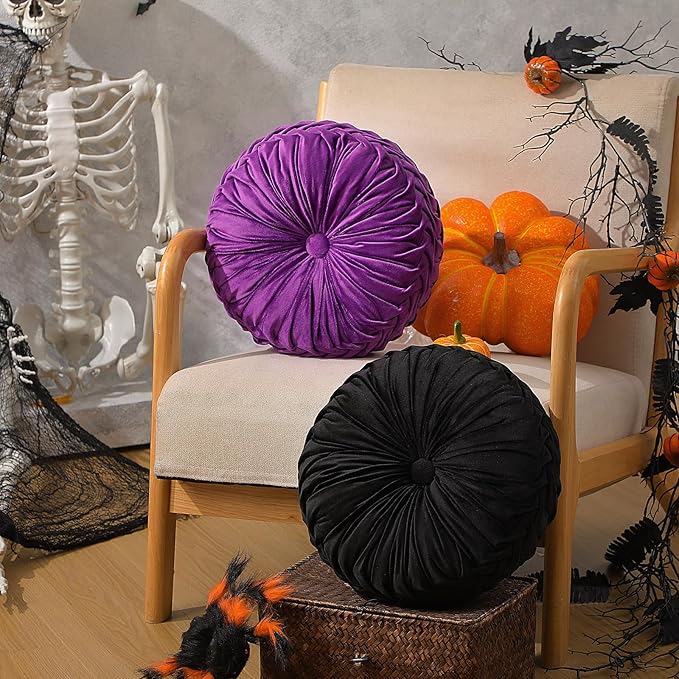 2 Pcs Round Throw Pillows 15 Inch Decorative Velvet Pleated Pumpkin Pillows Boho Floor Pillow with Center Button for Living Room Couch Chair Bed Sofa Home Decoration (Black and Purple)