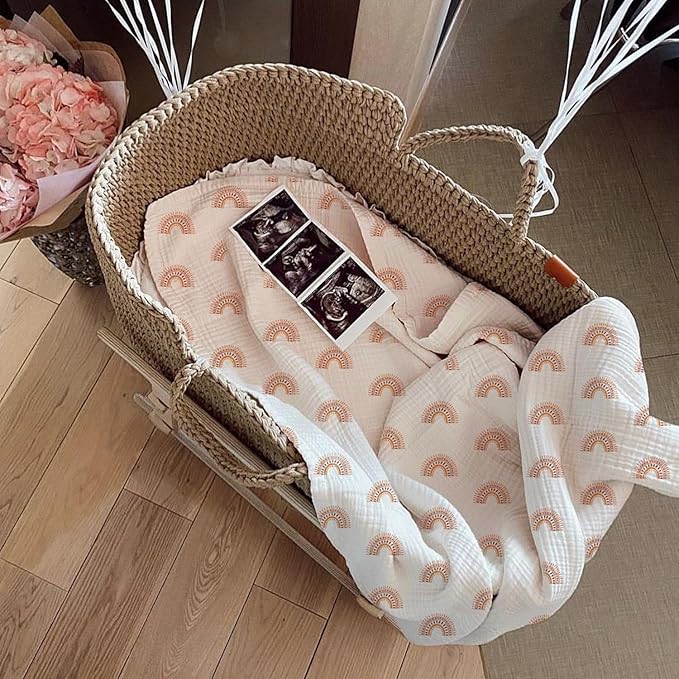 meowcards Muslin Swaddle Blankets for Baby, Unisex Baby Boys Girls Essentials, Large 47 x 47 inches, Boho Receiving Blankets Newborn Registry Must Haves (Beige-Rainbow, Printed)