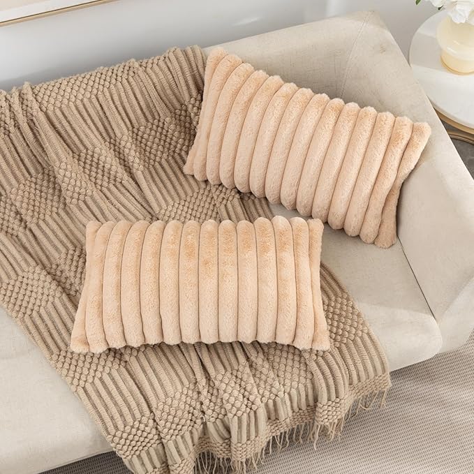 ZLINA Set of 2 Apricot Faux Fur Decorative Throw Pillow Covers Fluffy Striped Pillowcase Cushion Covers 12 x 20 Inch Decor Sofa Couch Bedroom