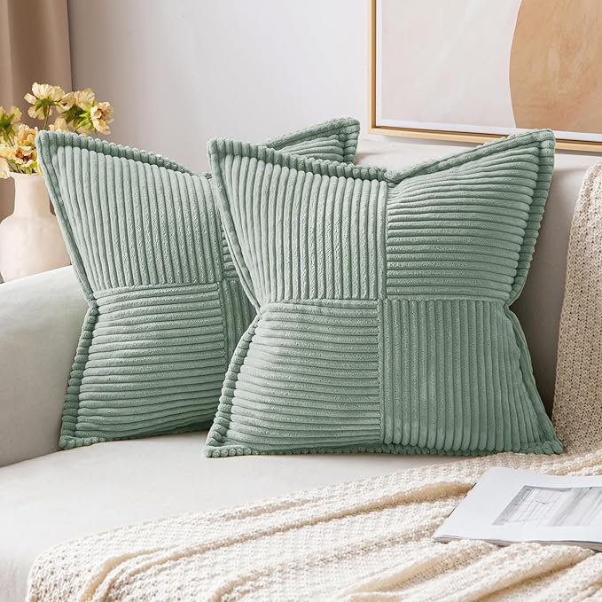 MIULEE Spring Decorative Throw Pillow Covers for Couch Bed Livingroom 20x20 Inch Set of 2 Greyish Green Boho Accent Throw Pllows Broadside Striped Patchwork Soft Corduroy Summer Pillowcases