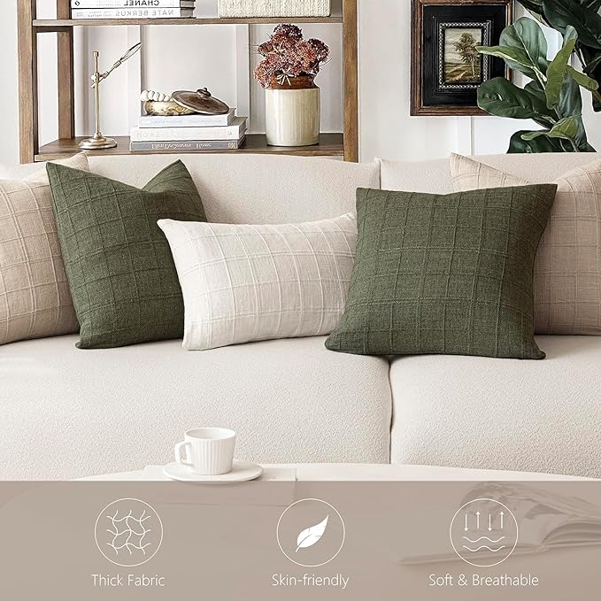 Foindtower Set of 2 Decorative Linen Check Throw Pillow Covers Neutral Farmhouse Vintage Cushion Covers Modern Boho Home Decor for Sofa Chair Couch Bedroom Living Room,16×16 Inch,Natural Linen
