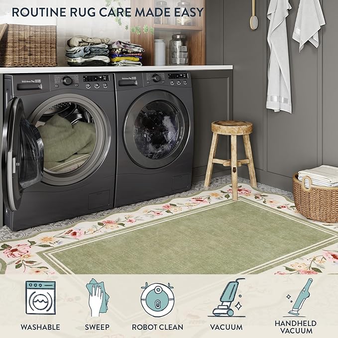 Lahome Floral 2'x 6' Washable Kitchen Runner Rug, Green Rug Runners for Hallways Non Slip, Scalloped Runner Rug Ultra-Thin Stain Resistant Boho Carpet for Entryway Bathroom Bedroom Ariele（Green，2x6ft）