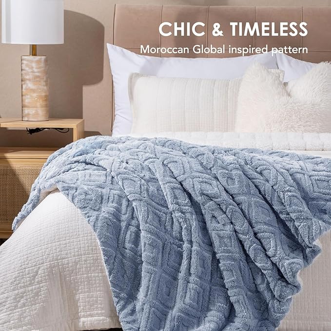 EverGrace Jacquard Boho Sherpa Fleece Throw Blanket for Couch, Super Soft Cozy Fuzzy Plush Blankets for All Seasons, Reversible Thick Warm Blanket for Bed, Sofa, Living Room, Blue Linen, 60" x 80"