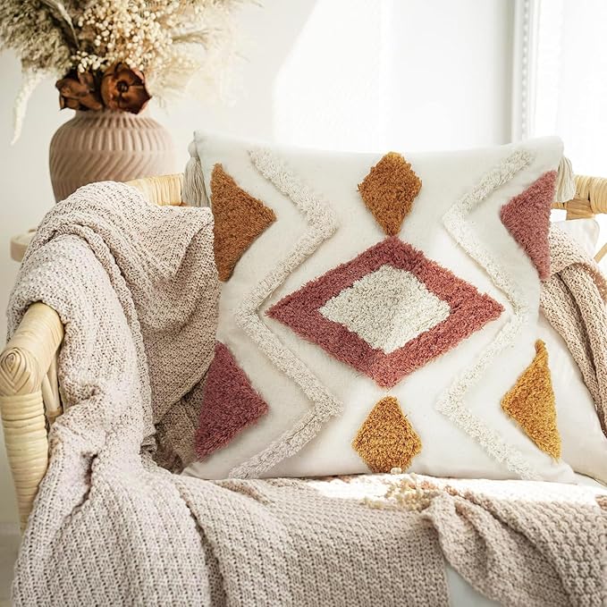 Merrycolor Boho Throw Pillow Covers 20x20 with Tassels, Decorative Pillow Covers Woven Tufted Bohemian Pillow Covers for Couch Sofa Bedroom Living Room